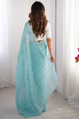 aqua blue sequin embroidered chiffon saree with blouse