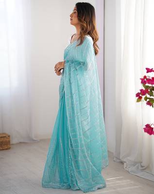 aqua blue sequin embroidered chiffon saree with blouse 3
