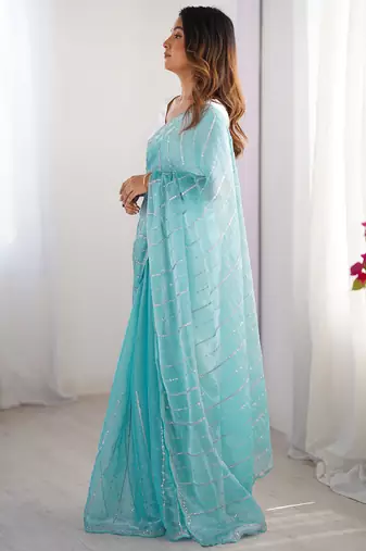 aqua blue sequin embroidered chiffon saree with blouse