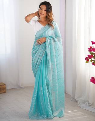 aqua blue sequin embroidered chiffon saree with blouse 4