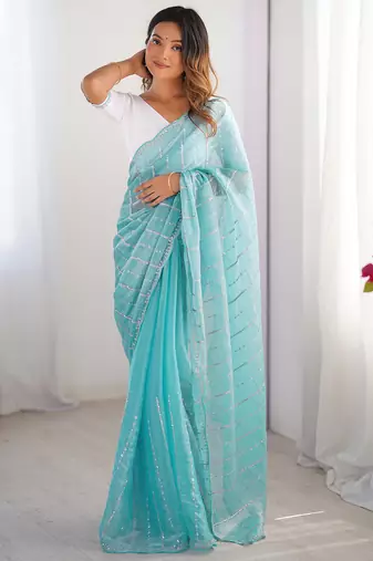 aqua blue sequin embroidered chiffon saree with blouse