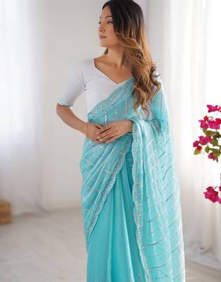 aqua blue sequin embroidered chiffon saree with blouse 5