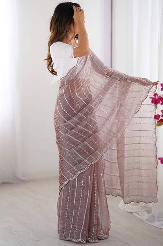 dusty mauve sequin embroidered chiffon saree with blouse