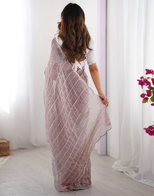 dusty mauve sequin embroidered chiffon saree with blouse 2
