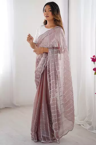 dusty mauve sequin embroidered chiffon saree with blouse