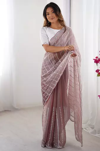 dusty mauve sequin embroidered chiffon saree with blouse
