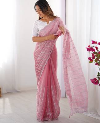 pink sequin embroidered chiffon saree with blouse 1