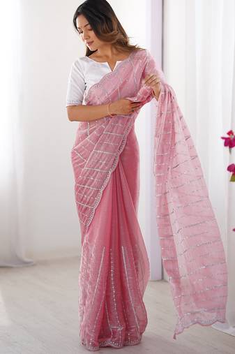 pink sequin embroidered chiffon saree with blouse