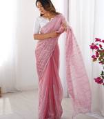 pink sequin embroidered chiffon saree with blouse