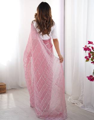 pink sequin embroidered chiffon saree with blouse 2