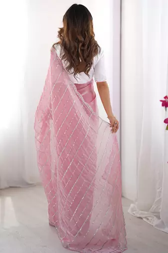 pink sequin embroidered chiffon saree with blouse