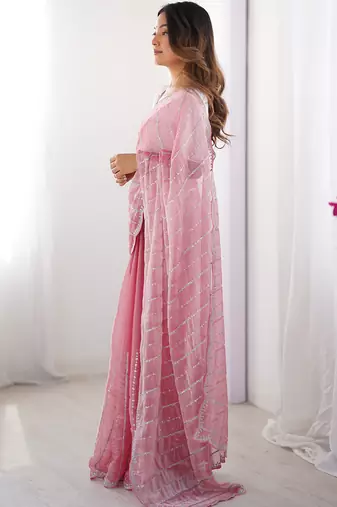 pink sequin embroidered chiffon saree with blouse