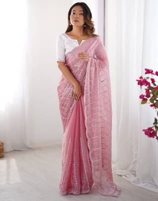 pink sequin embroidered chiffon saree with blouse 4