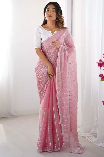 pink sequin embroidered chiffon saree with blouse