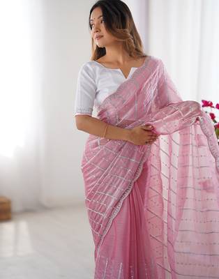 pink sequin embroidered chiffon saree with blouse 5