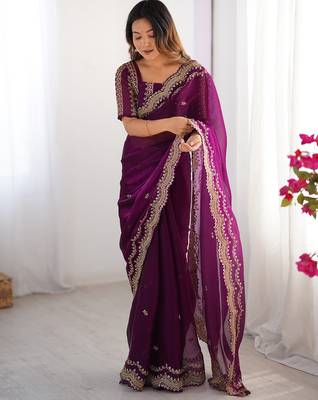 dark magenta sequin embroidered chiffon saree with blouse 1