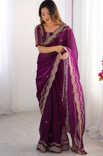 dark magenta sequin embroidered chiffon saree with blouse