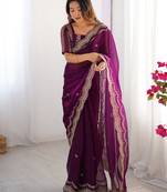 dark magenta sequin embroidered chiffon saree with blouse