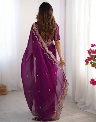 dark magenta sequin embroidered chiffon saree with blouse 2
