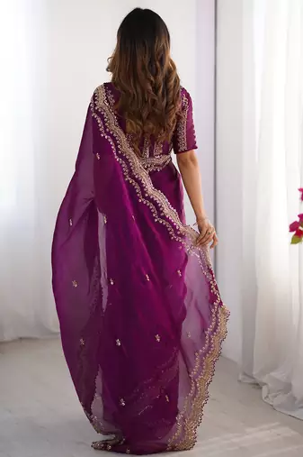 dark magenta sequin embroidered chiffon saree with blouse