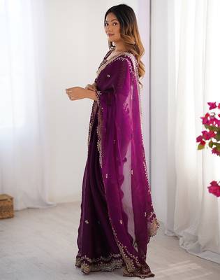 dark magenta sequin embroidered chiffon saree with blouse 3
