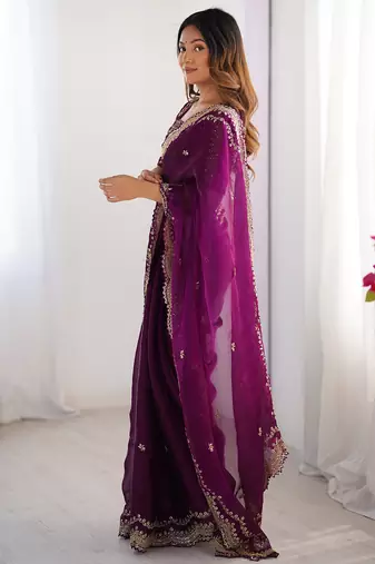 dark magenta sequin embroidered chiffon saree with blouse