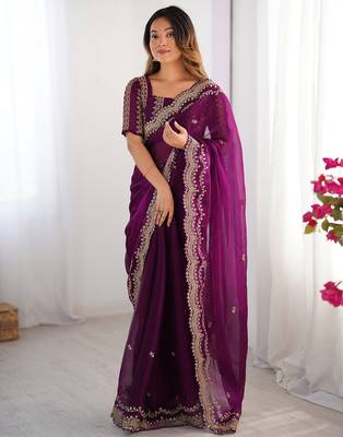 dark magenta sequin embroidered chiffon saree with blouse 4
