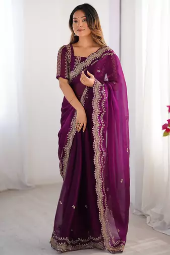 dark magenta sequin embroidered chiffon saree with blouse