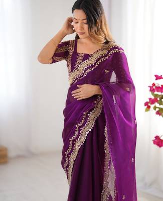 dark magenta sequin embroidered chiffon saree with blouse 5