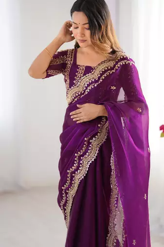 dark magenta sequin embroidered chiffon saree with blouse