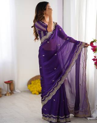 purple sequin embroidered chiffon saree with blouse 1