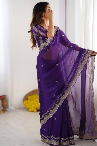 purple sequin embroidered chiffon saree with blouse
