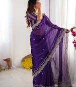purple sequin embroidered chiffon saree with blouse