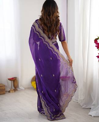 purple sequin embroidered chiffon saree with blouse 2