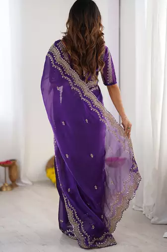 purple sequin embroidered chiffon saree with blouse