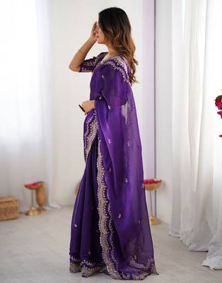 purple sequin embroidered chiffon saree with blouse 3
