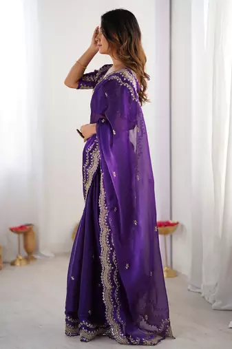 purple sequin embroidered chiffon saree with blouse