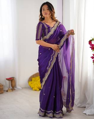 purple sequin embroidered chiffon saree with blouse 4