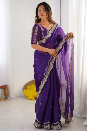 purple sequin embroidered chiffon saree with blouse
