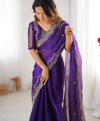 purple sequin embroidered chiffon saree with blouse 5