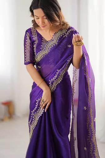 purple sequin embroidered chiffon saree with blouse
