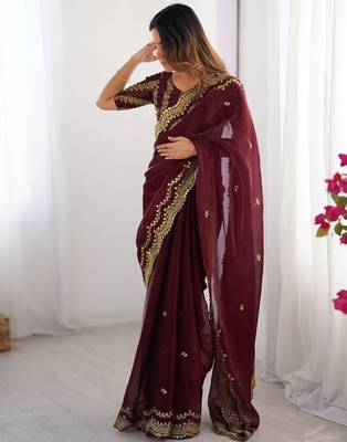 maroon sequin embroidered chiffon saree with blouse 1