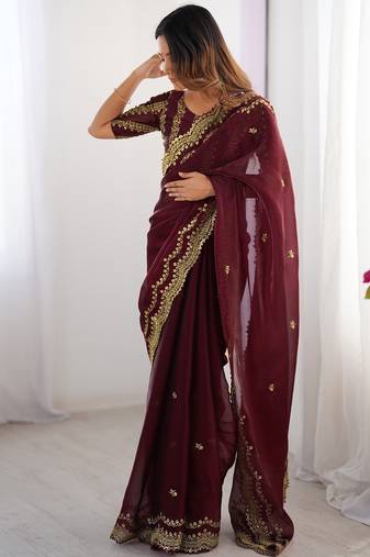 maroon sequin embroidered chiffon saree with blouse