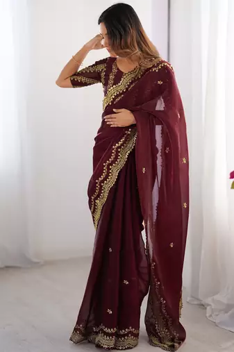 maroon sequin embroidered chiffon saree with blouse