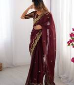 maroon sequin embroidered chiffon saree with blouse