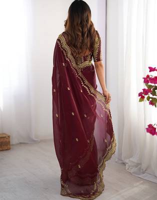 maroon sequin embroidered chiffon saree with blouse 2