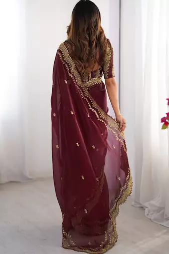 maroon sequin embroidered chiffon saree with blouse
