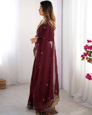 maroon sequin embroidered chiffon saree with blouse 3