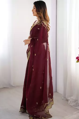 maroon sequin embroidered chiffon saree with blouse