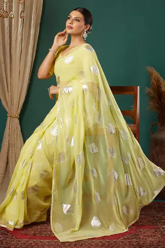 yellow silver lace foil screen printed georgette saree with blouse